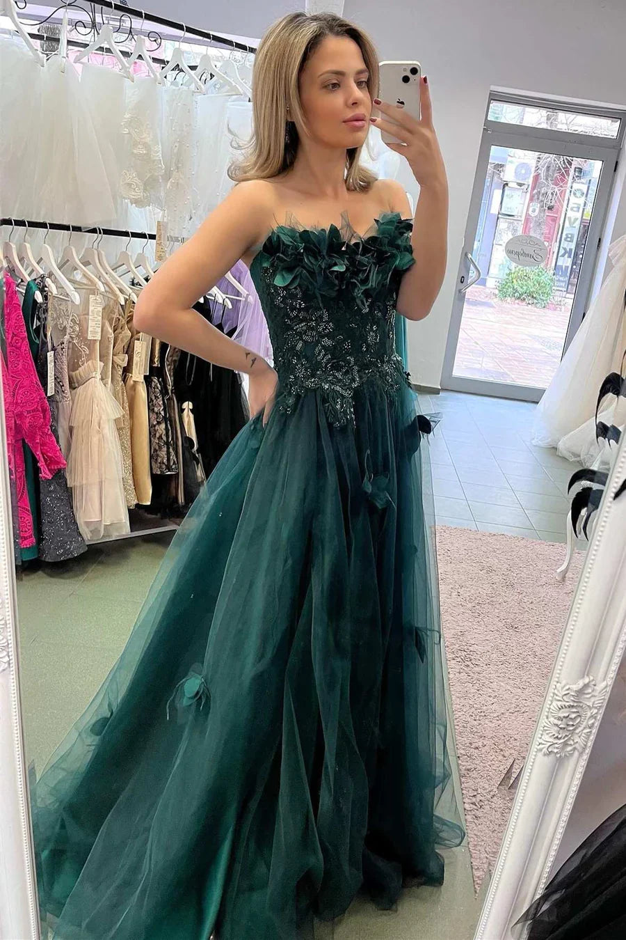 Vestido de fiesta verde cazador sin tirantes, con encaje floral 3D y abertura, corte A, TP78
