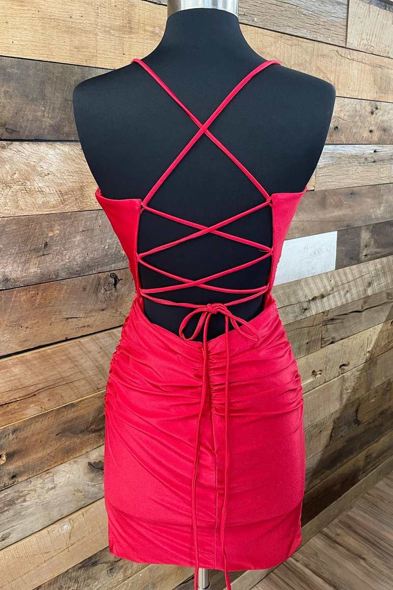 Vestido de cóctel corto con cuello en V y cordones en rojo para regreso a casa