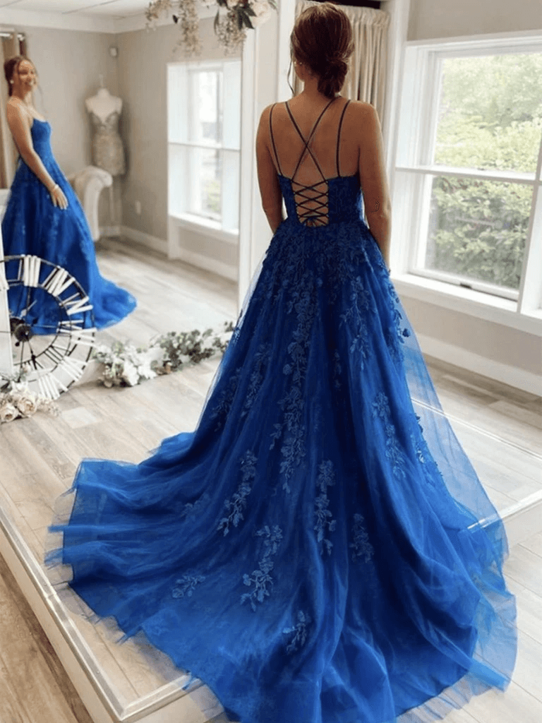 Vestidos de fiesta largos de encaje azul sin espalda y corte A, vestidos de noche formales largos de encaje azul sin espalda
