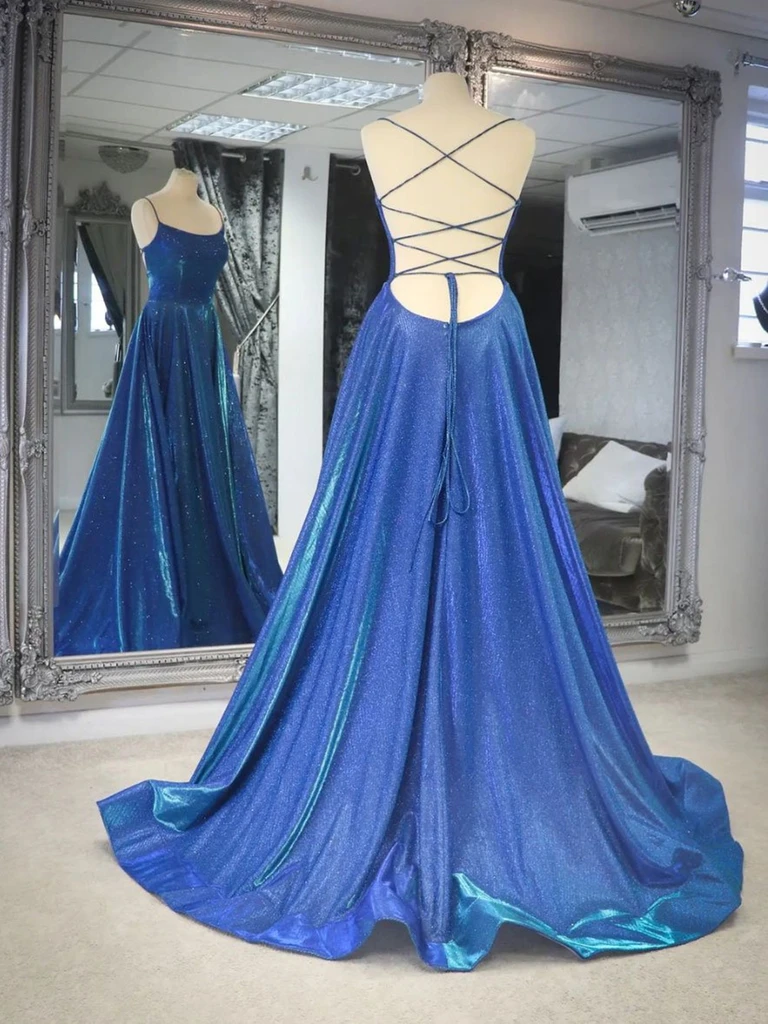 Vestidos de fiesta largos, sencillos, brillantes, azules, sin espalda, de corte A, con espalda descubierta, formales y largos.
