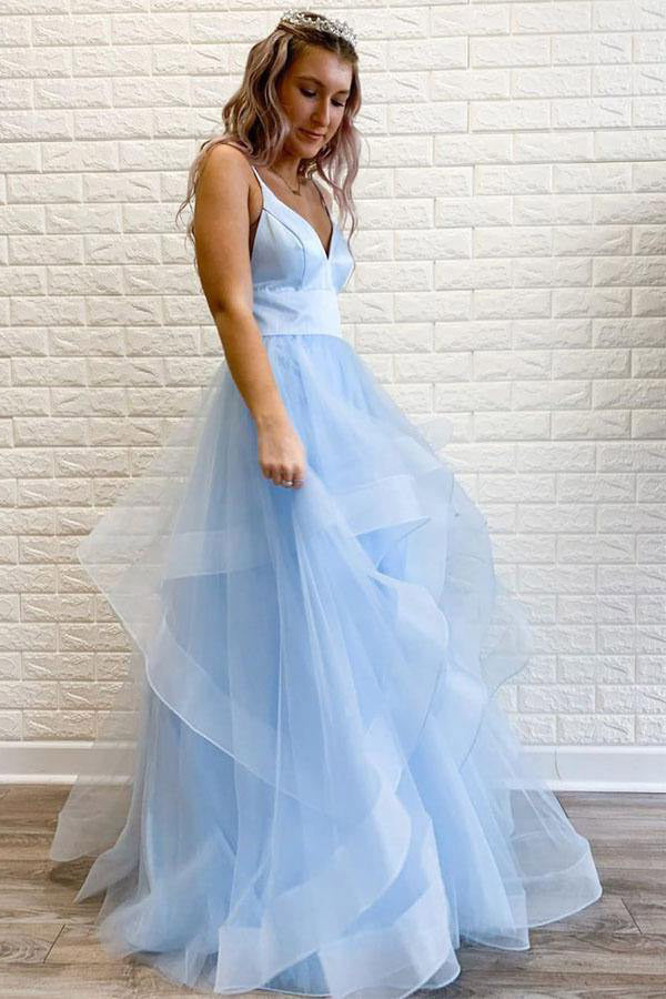 A-line Light Blue Tulle Long Prom Dress With Ruffles,WP193