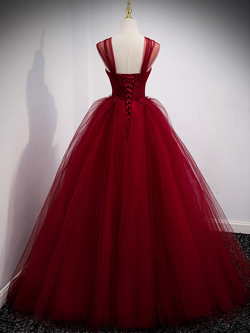 Vestido de fiesta largo de tul con escote corazón color burdeos, vestido de noche color burdeos