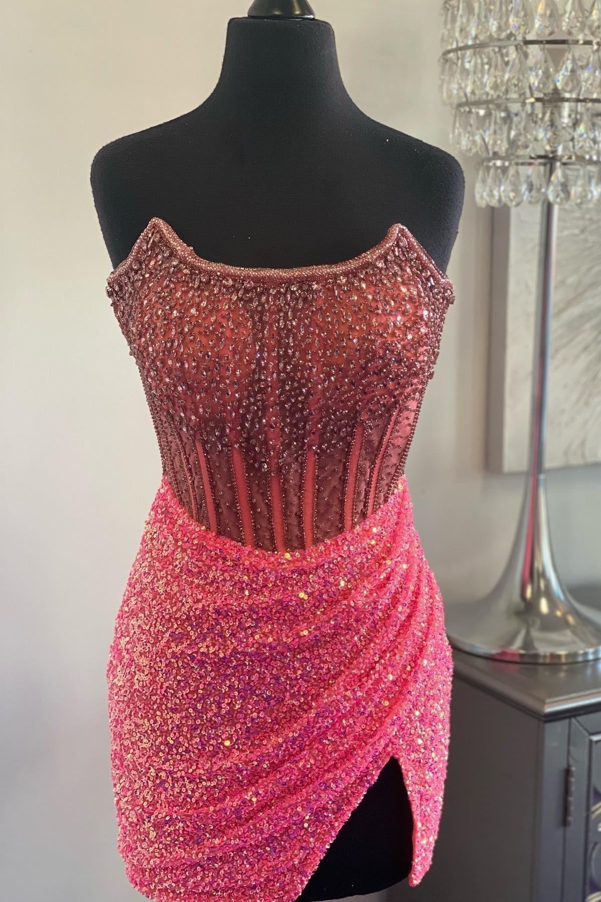 Vestido de fiesta rosa sin tirantes, con lentejuelas y cuentas
