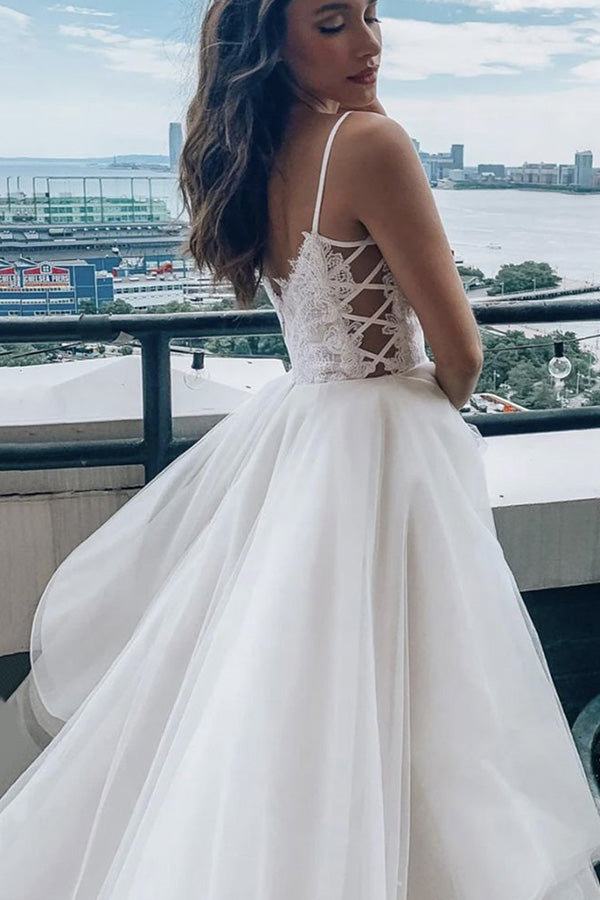 A Line Spaghetti Straps Prom Dress White Lace Wedding Dress,WW167
