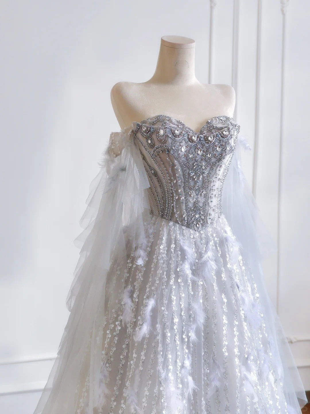 shopuniqlos--Gray purple gorgeous feather tulle and diamond exquisite beading long tulle prom dress wedding dress gh5486