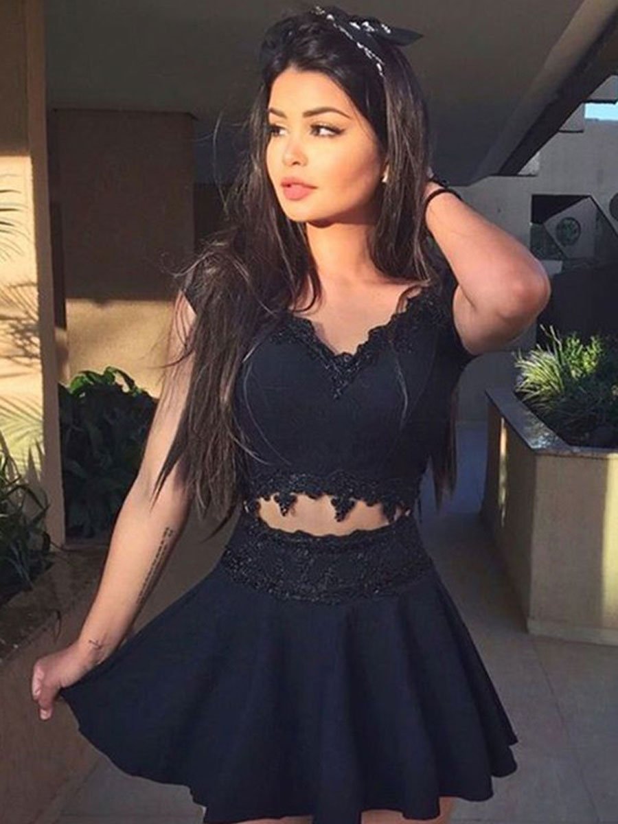 Vestido de fiesta corto de dos piezas de encaje negro, vestido de fiesta de encaje negro