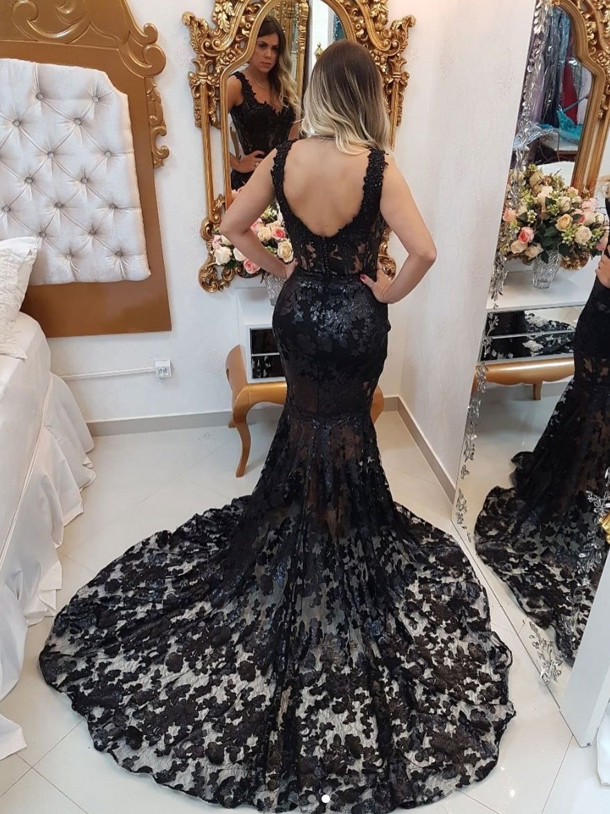 Vestido de fiesta largo de sirena con escote en V y encaje negro, vestidos de noche negros