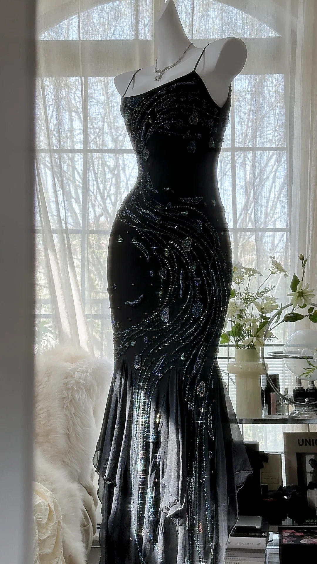 Black Shiny Luxury Gorgeous Exquisite Beaded Long Mermaid Mermaid Dress Chiffon Fairy Ball Dress Evening Dress Wedding Guest Party Dress Prom Dress Date Dress Graduation Dress gh3992