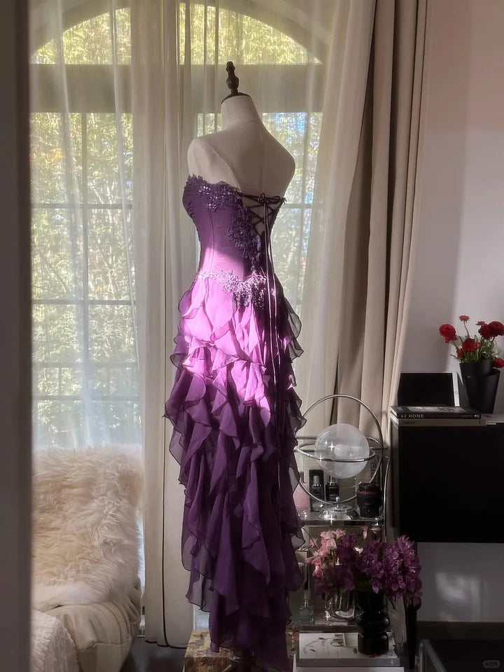 Romantic Purple Ruffle Chiffon Sleeveless Long Elegant Ball Gown Evening Dress Birthday Party Dress gh4270