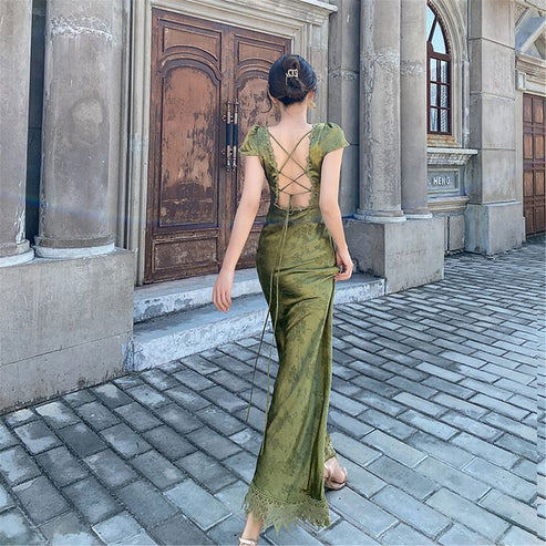 shopuniqlos-Green open back elegant dress, French country style dress, wedding guest dress, prom dress, birthday dress, evening dress, party dress gh5157