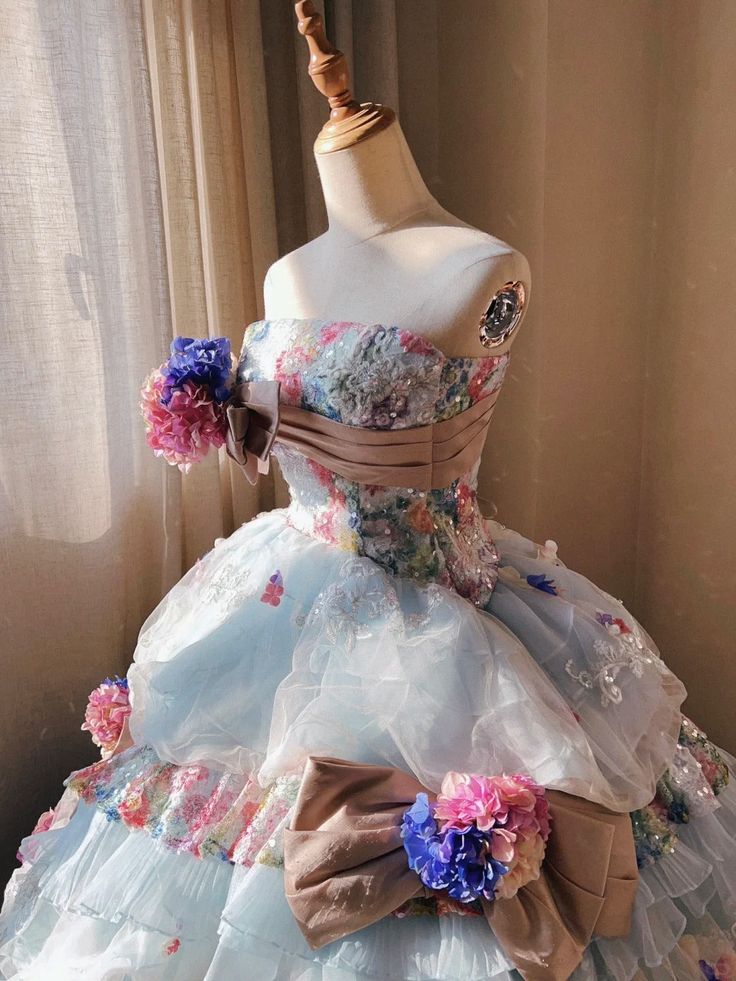 Romantic Hydrangea Flower Sweetheart Neck Ball Gown Layered Blue Organza Prom Dress Birthday Dress SH3634