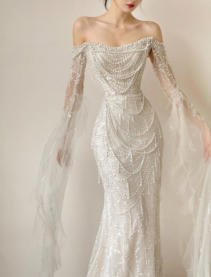 Stunning White Pearl Mermaid Long Sleeve Sequin Tulle Evening Dress Party Dress Wedding Dress SH3475