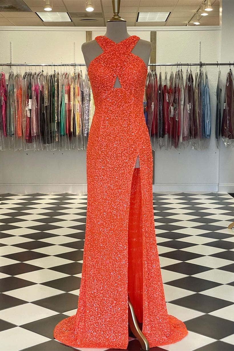 Vestido de fiesta naranja ajustado con escote cruzado y abertura, vestido formal con lentejuelas