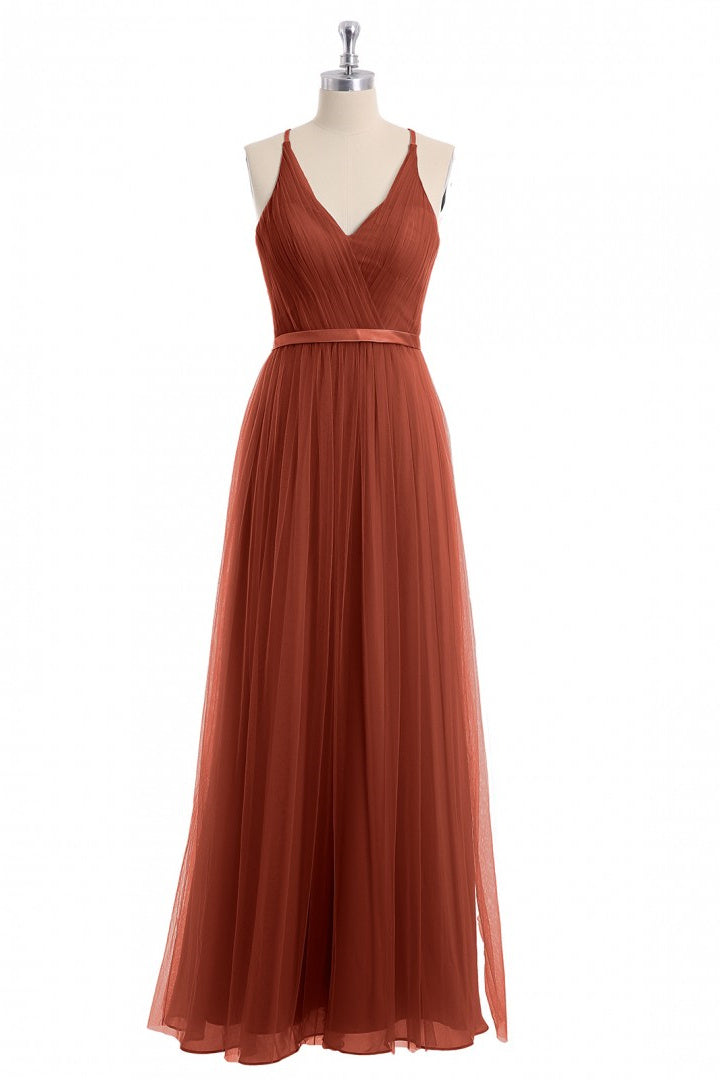 Vestido de dama de honor largo en línea A con escote en V y espalda descubierta en color naranja óxido