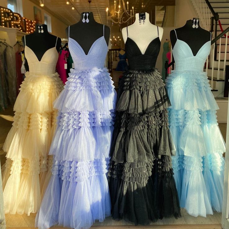 V Neck Layers Tulle Long Ball Gown,A Line Spaghetti Strap Evening Dresses fg3211