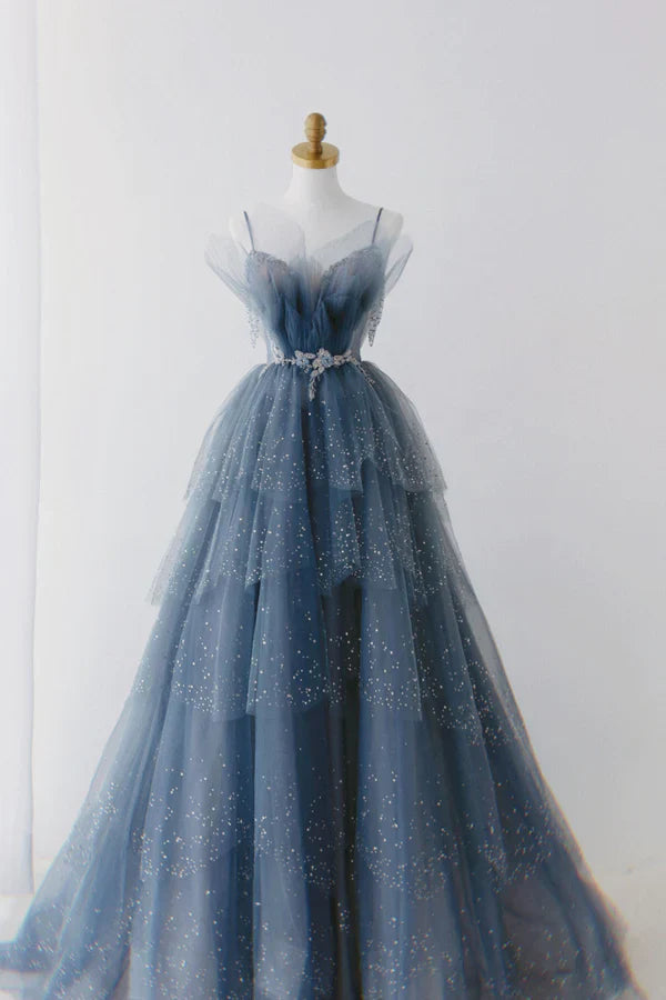 Hermoso vestido de fiesta de tul azul brillante con cuentas, vestido formal escalonado con diamantes de imitación TP01