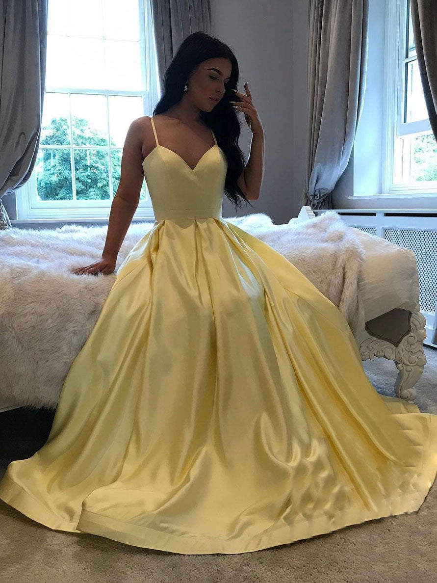 Vestido de fiesta largo de satén amarillo sencillo, vestido de noche amarillo