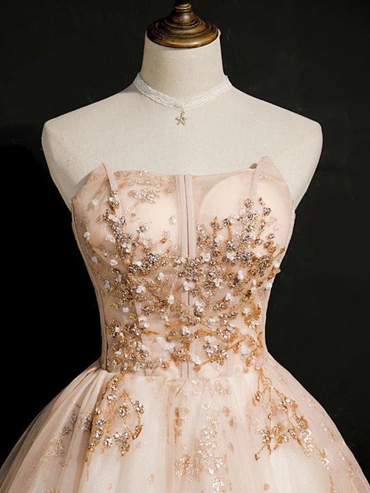Vestido de fiesta vintage de tul con apliques de champán, sin tirantes y diseño de cuentas, corte A, TP4072