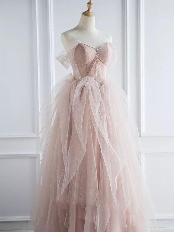 Vestido de fiesta largo de tul rosa con escote en forma de corazón, vestido formal de tul rosa