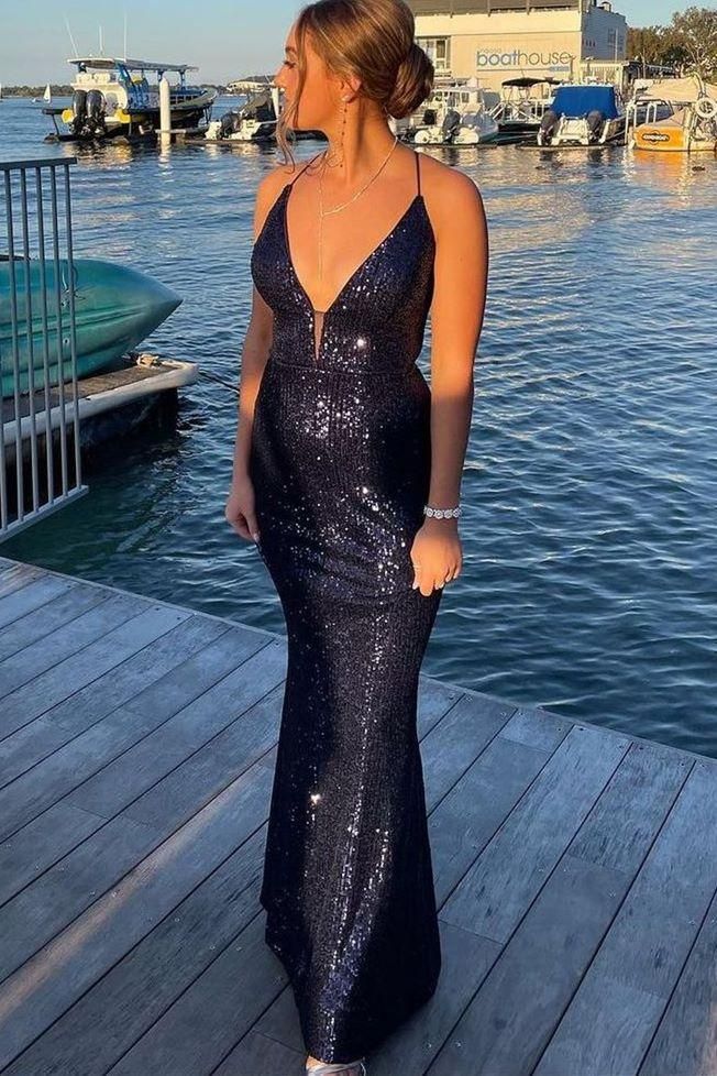 Navy Blue Sequins Mermaid Long Prom Dress cg24911