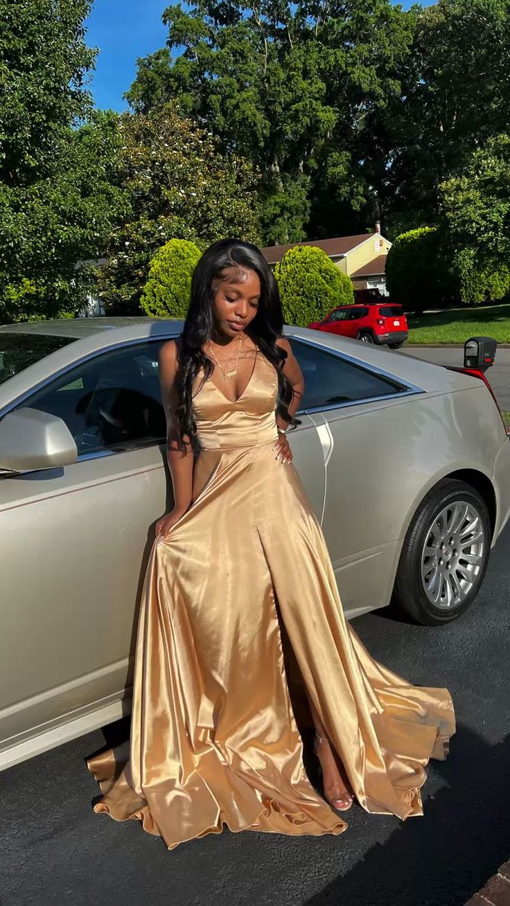 A Line V Neck Gold Sleeveless Satin Long Prom Dress,Formal Gown cg24925