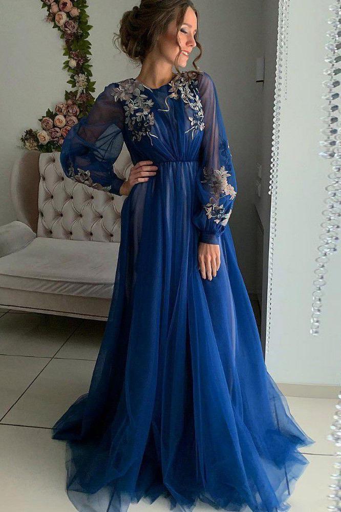 A Line Long Sleeve Tulle Appliques Prom Dresses, Long Evening Dress fg3172