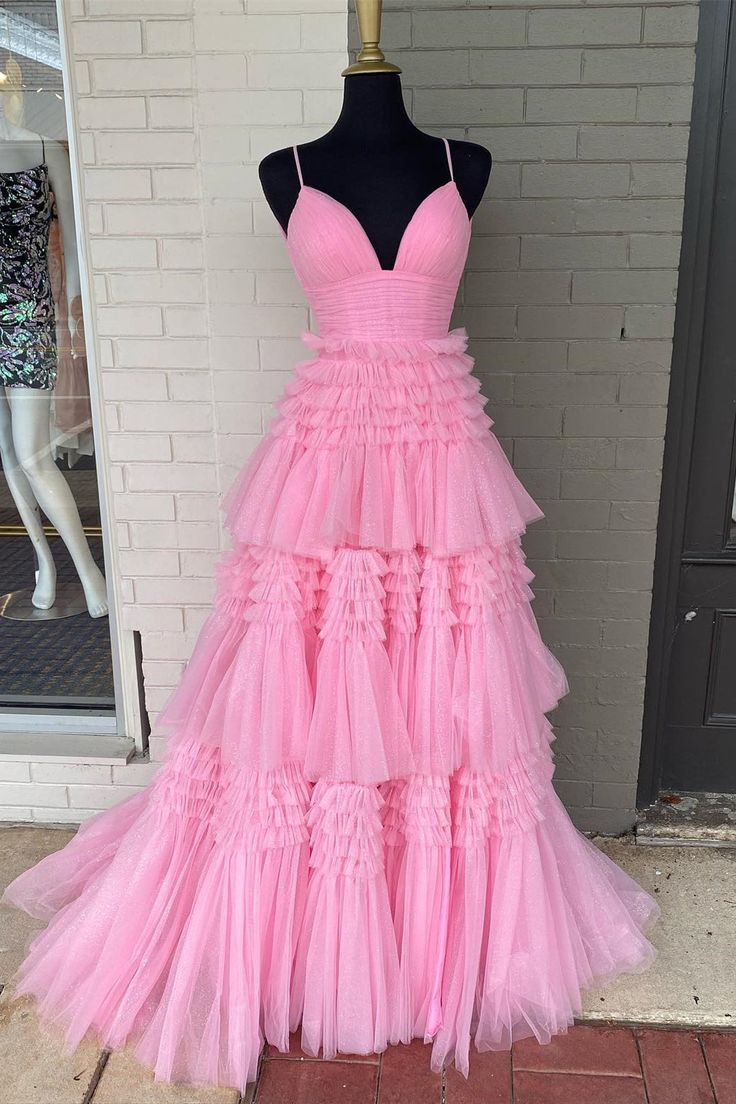 V Neck Layers Tulle Long Ball Gown,A Line Spaghetti Strap Evening Dresses fg3211
