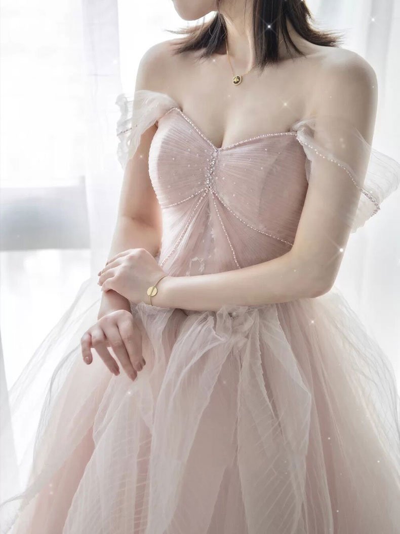 Vestido de fiesta largo de tul rosa con escote en forma de corazón, vestido formal de tul rosa