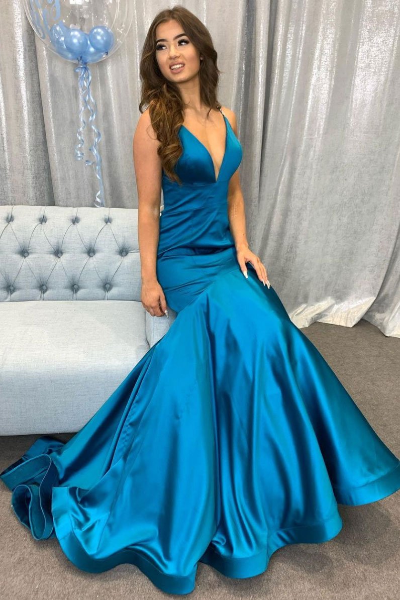Vestido de fiesta largo de satén azul pavo real con escote en V sencillo y vestido de noche azul