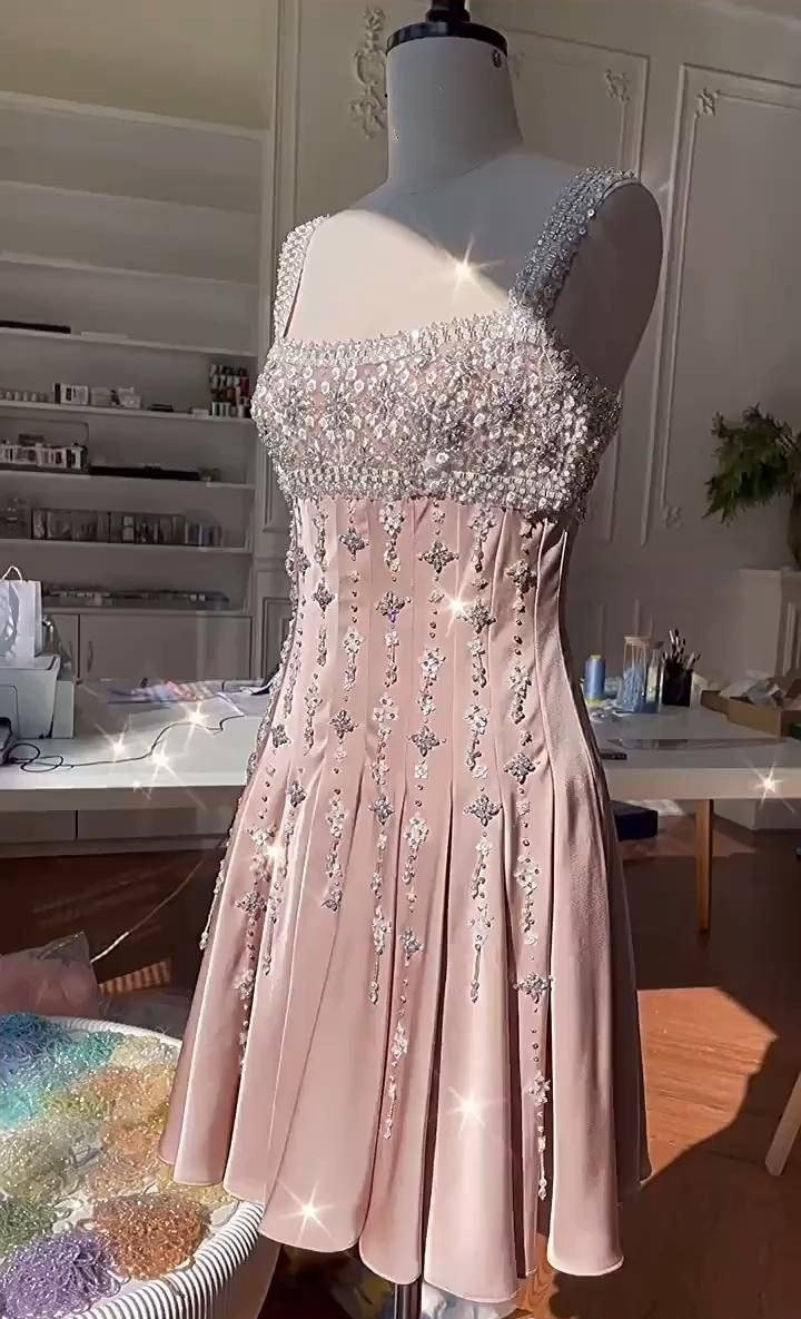 shopuniqlos-Pink Gorgeous Exquisite Beaded Short Satin Homecoming Dress Birthday Dress gh5306