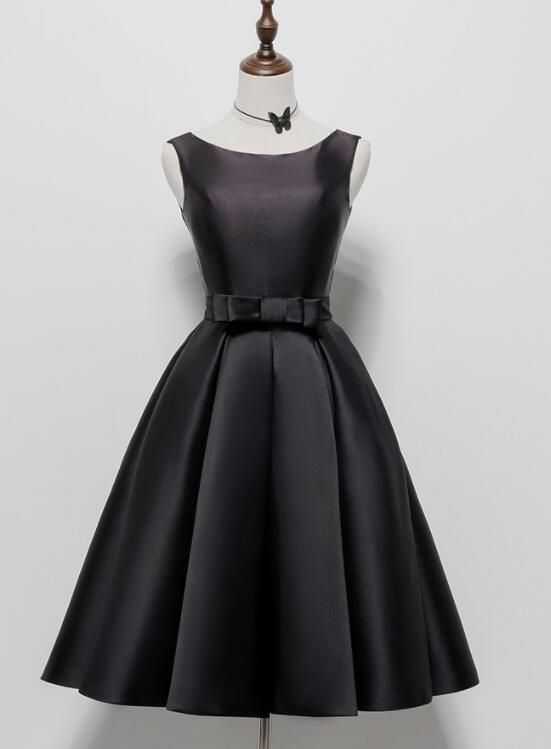 Black elegant cute simple knee-length mid-length satin homecoming dress prom dress evening dress party dress gh188