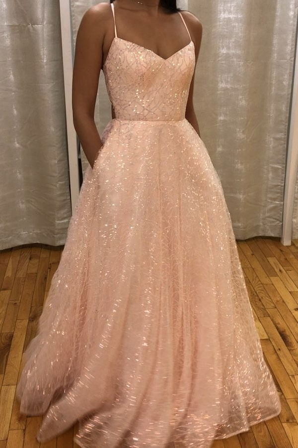Sparkly Pink Prom Dresses Long A-line Backless Formal Gown With Pocket GP65