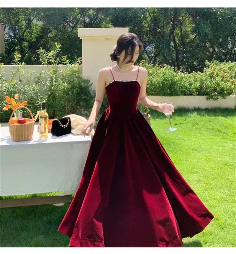 Vestido de fiesta de terciopelo burdeos con tirantes finos, sencillo, para boda, largo