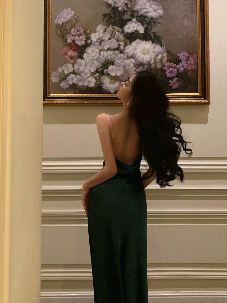 Vestido de fiesta de verano de satén verde oscuro sin mangas con tirantes finos, vestido de fiesta para 20 cumpleaños, W815