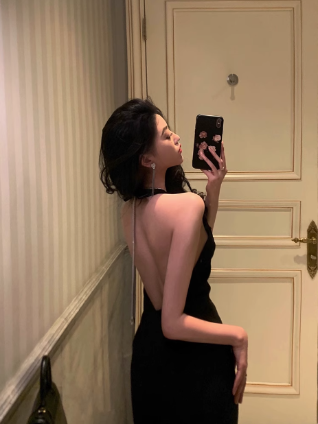 Vestido negro de sirena sexy con cuello halter y espalda descubierta para fiesta de cumpleaños número 21, ideas para vestidos de cumpleaños para mujeres (DP2315)