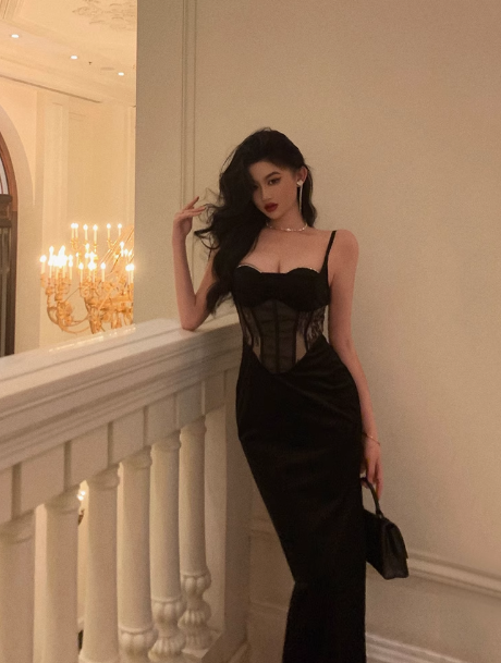 Vestido negro sexy de sirena con tirantes finos para cumpleaños número 18, ideas para vestidos de cumpleaños para mujeres (DP2321)