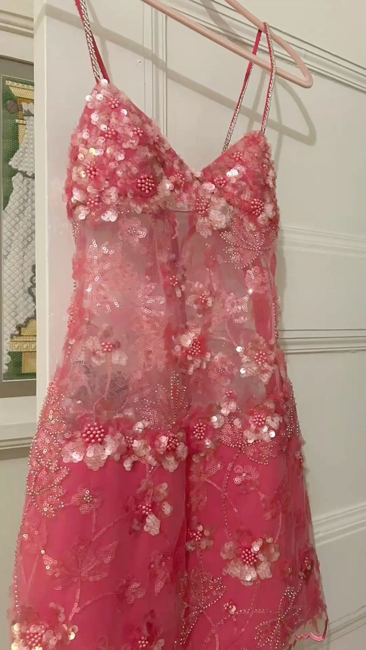 Gorgeous Spaghetti Straps Sequin Short Birthday Outfits Pink Graduation Homecoming Dress S779