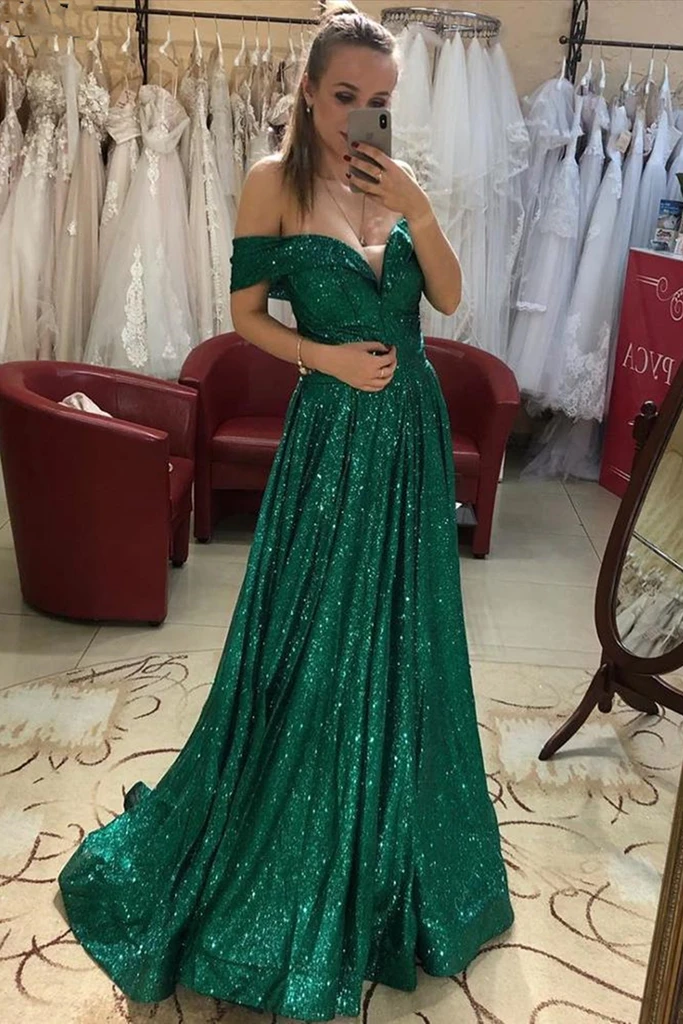 Vestidos de fiesta largos con lentejuelas verdes brillantes y hombros descubiertos, vestidos formales verdes con hombros descubiertos, vestidos de noche verdes brillantes