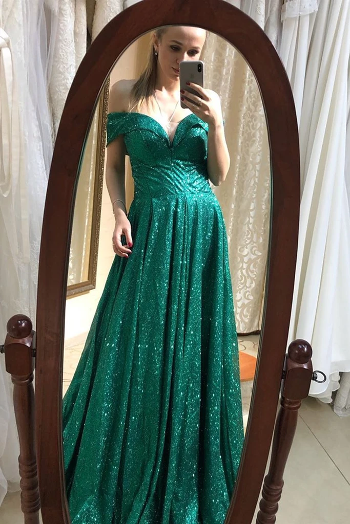 Vestidos de fiesta largos con lentejuelas verdes brillantes y hombros descubiertos, vestidos formales verdes con hombros descubiertos, vestidos de noche verdes brillantes