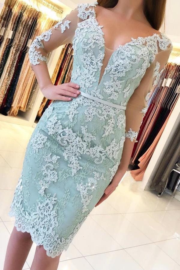 Sheath 3/4 Sleeve Short Prom Dress Lace Homecoming Dress,WP186