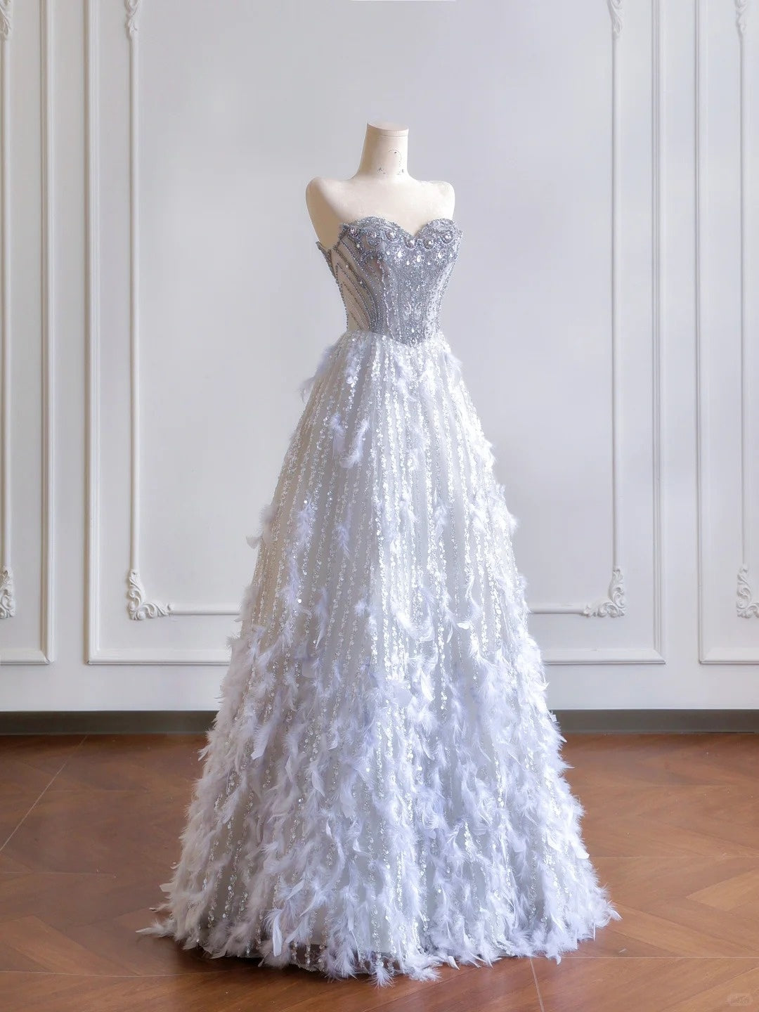 shopuniqlos--Gray purple gorgeous feather tulle and diamond exquisite beading long tulle prom dress wedding dress gh5486