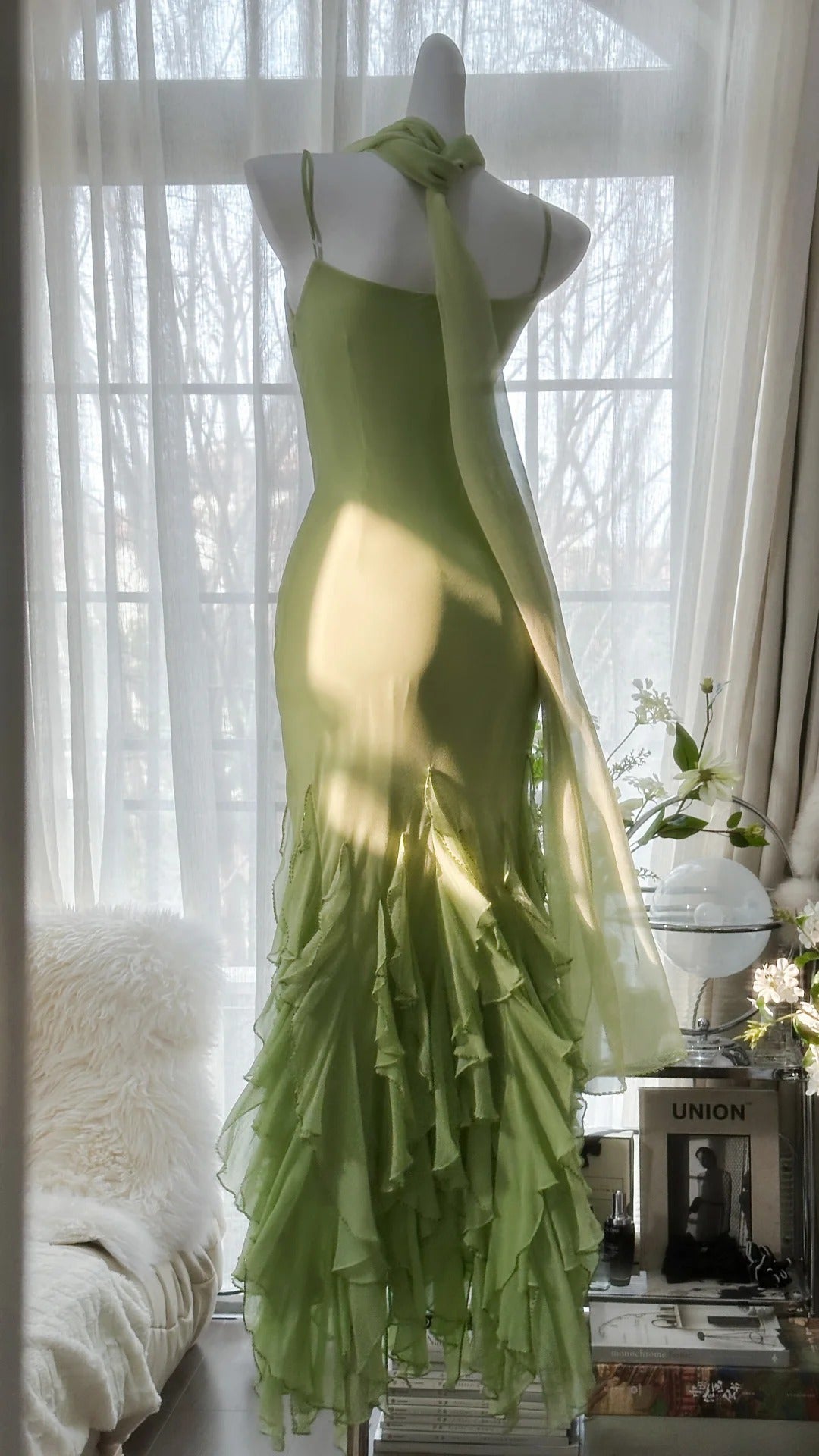 Green Stylish Elegant Spaghetti Straps Long Ruffled Mermaid Slim Fit Chiffon Ball Gown Birthday Party Dress Evening Dress Prom Dress gh3976