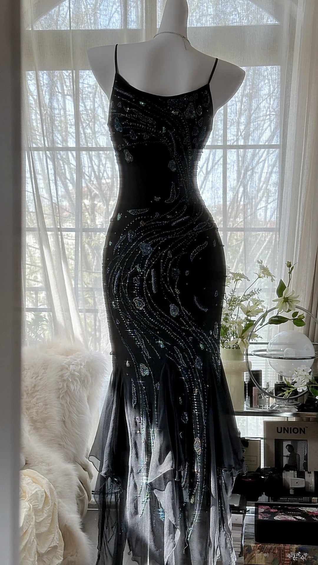 Black Shiny Luxury Gorgeous Exquisite Beaded Long Mermaid Mermaid Dress Chiffon Fairy Ball Dress Evening Dress Wedding Guest Party Dress Prom Dress Date Dress Graduation Dress gh3992