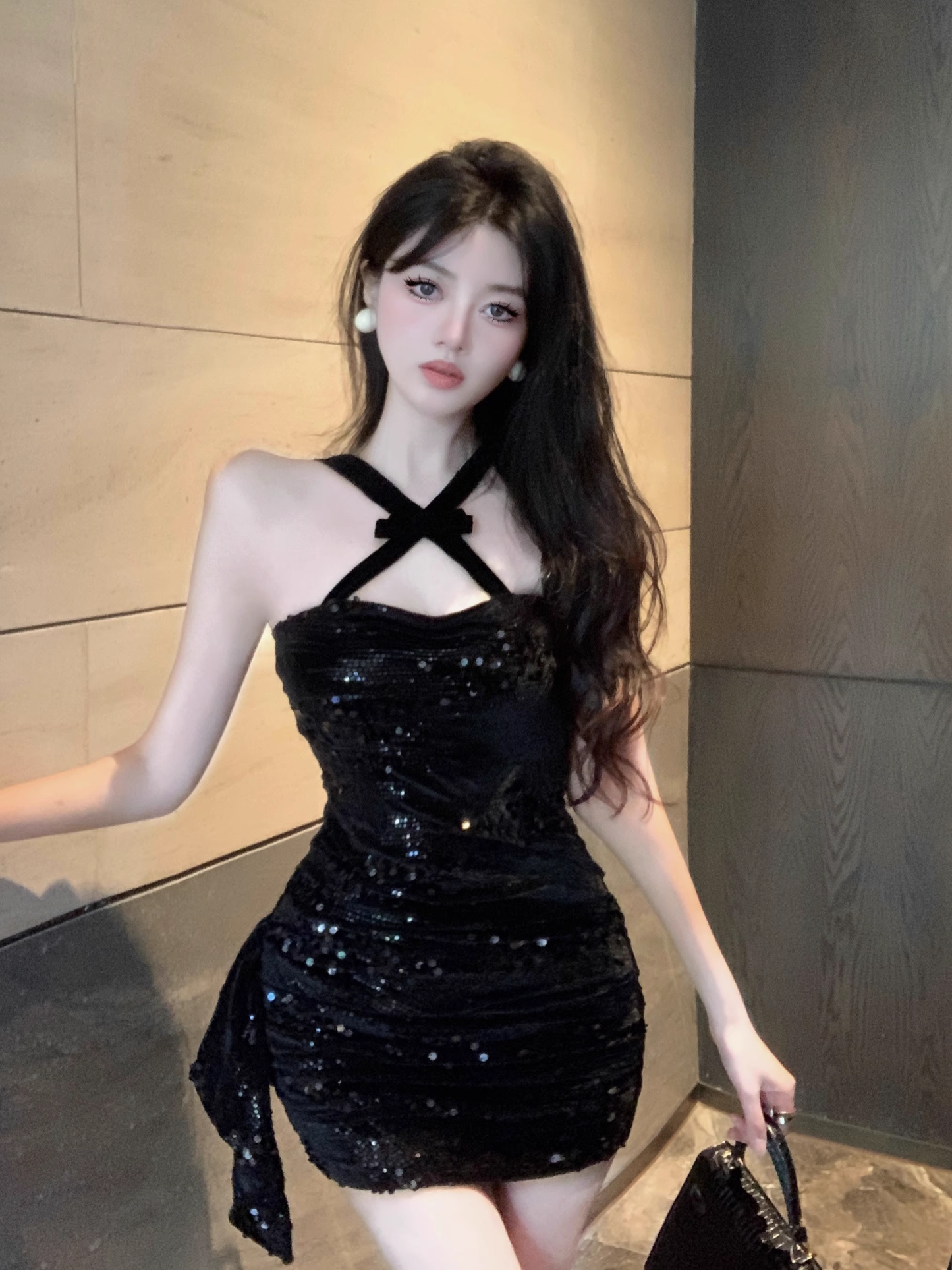 Vintage Black Sequin Design A-line Halter Homecoming Dress TP3715