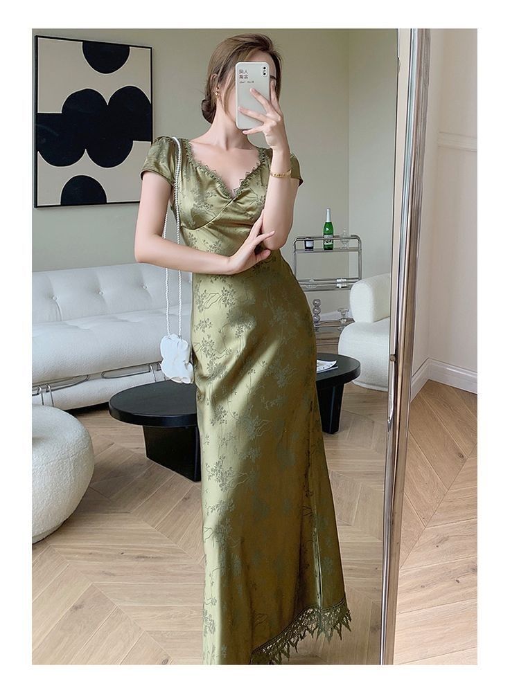 shopuniqlos-Green open back elegant dress, French country style dress, wedding guest dress, prom dress, birthday dress, evening dress, party dress gh5157