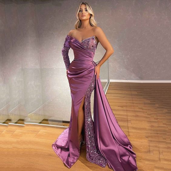 New 2023 Sexy Ladies One Shoulder Sleeve Sequin Prom Evening Dress Mermaid Tail Side Slit Formal Party prom dress fg3045