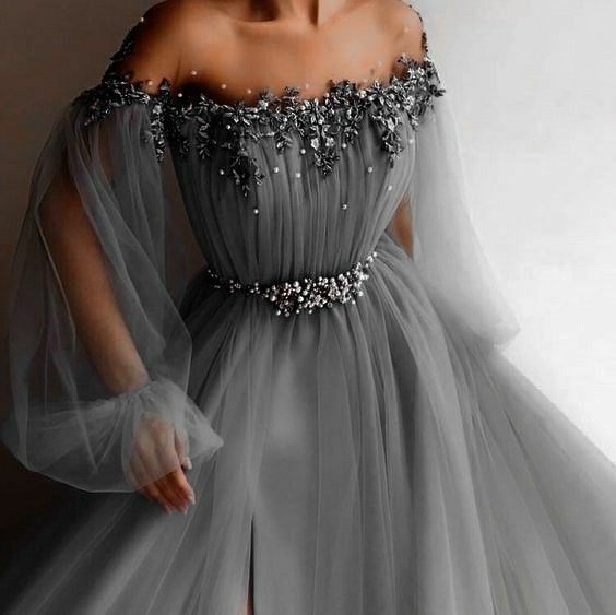 Gray Evening Dress, Off The Shoulder Prom Vintage Dress fg2958
