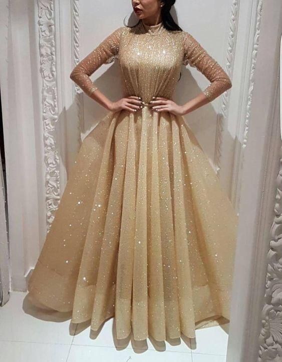 shinning prom dresses high neck long sleeve a line sequins sparkly long evening dresses fg2909