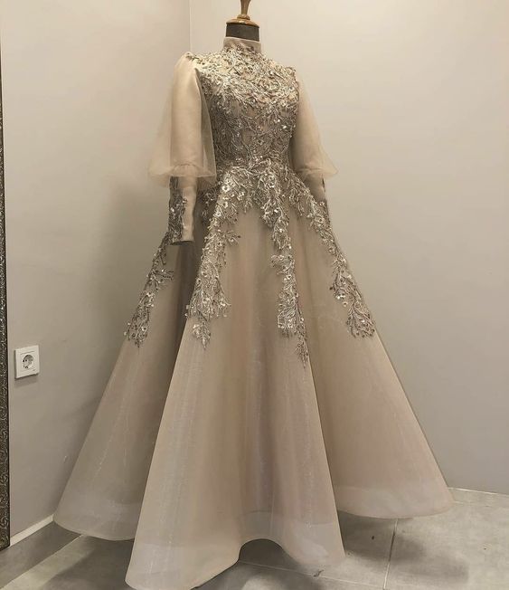 Champagne prom dresses high neck long sleeve a line evening dresses fg2918