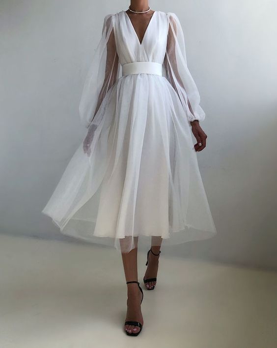 Graduation dress Short A Line Prom Dresses V Neck Long Puff Sleeve Tulle Formal Wedding Evening Party Dresses For Graduation fg2856